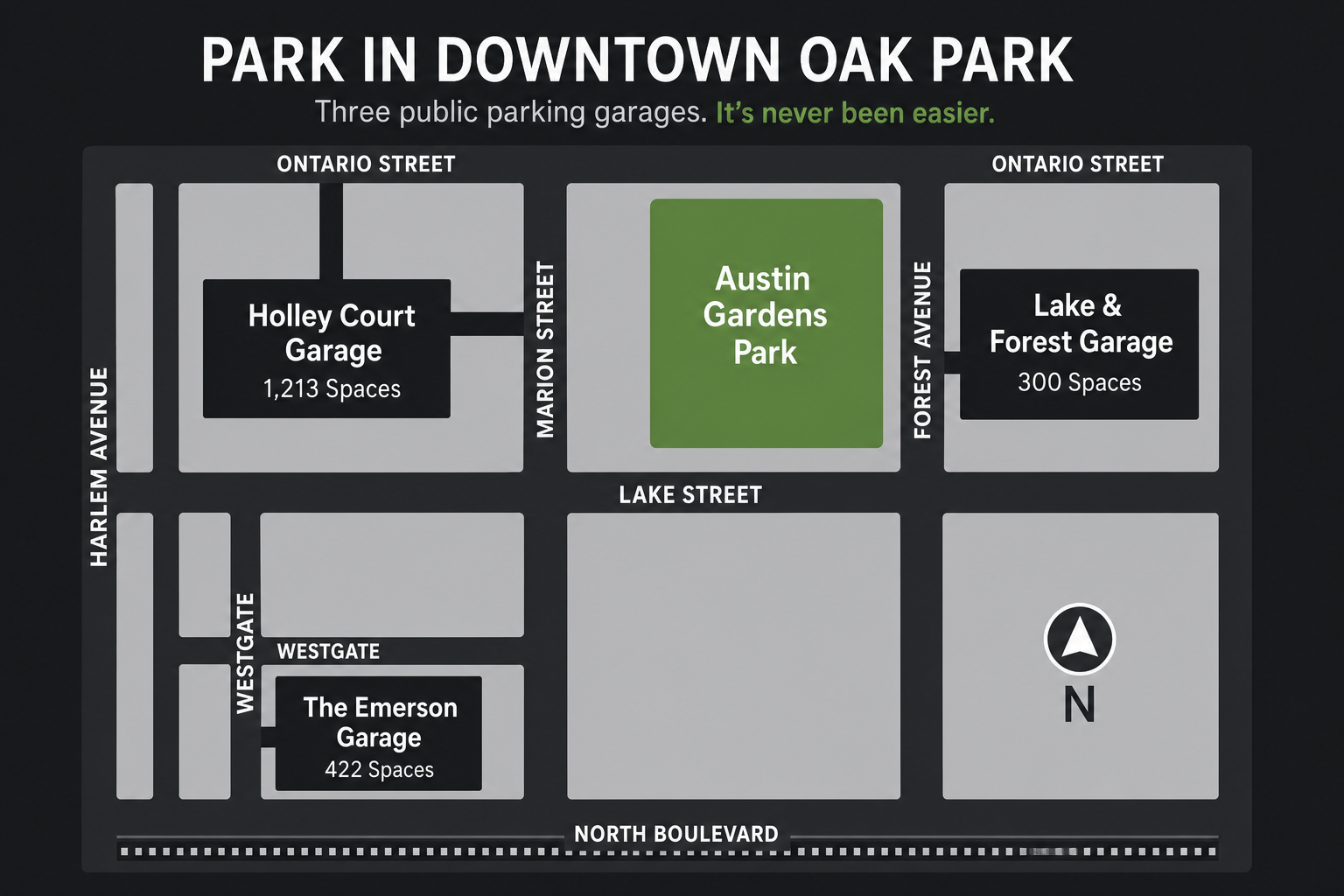 Parking map showing nearby public garages in Downtown Oak Park